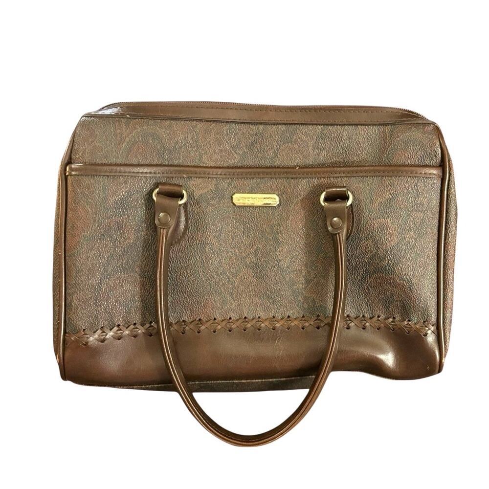 Vintage Liz Claiborne Brown Paisley Tapestry Satchel Tote Bag Purse Leather Trim